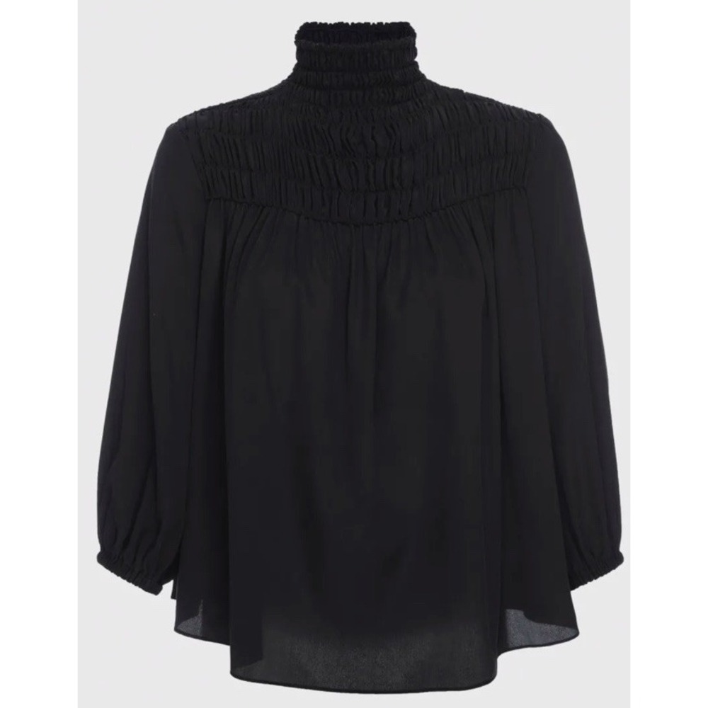 Elan Womens Smocked Mock‎ Neck Flowy Chiffon Peasant Top Black Sz M